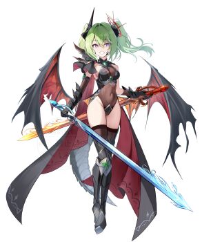 1girl absurdres armored_boots black_boots black_cape black_leotard boots breasts cape commentary covered_navel demon_wings double-parted_bangs full_body gauntlets green_hair grin groin hair_between_eyes highres holding holding_sword holding_weapon leotard li_se long_bangs looking_at_viewer medium_breasts medium_hair purple_eyes see-through_clothes see-through_leotard simple_background smile solo stellive sword symbol-only_commentary twintails virtual_youtuber watermark weapon white_background wings yuzuha_riko