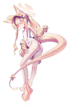 1girl absurdres animal_ears aqby69 ass blonde_hair blue_archive breasts choker closed_mouth fox_ears fox_girl fox_tail hand_on_own_leg highres long_hair looking_at_viewer official_alternate_costume one-piece_swimsuit red_choker seia_(blue_archive) seia_(swimsuit)_(blue_archive) small_breasts solo sunglasses swimsuit tail twintails white_one-piece_swimsuit