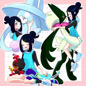 1girl black_hair black_shirt black_socks blue_eyes blue_hair blue_hoodie blush carrying carrying_person charcadet closed_eyes closed_mouth colored_inner_hair commentary_request gen_8_pokemon hair_bun hair_ornament hairclip hatterene highres hood hood_down hoodie hug hug_carry liko_(pokemon) looking_at_another meowscarada miigon99999 multicolored_hair multiple_views nintendo one_eye_closed open_mouth pokemon pokemon_(anime) pokemon_(creature) pokemon_horizons shirt shoes shorts sleeveless sleeveless_hoodie socks terapagos terapagos_(normal) two-tone_hair white_shoes white_shorts