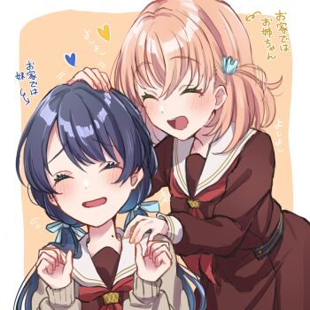 Rule 34 | 2girls, :d, ^ ^, arrow (symbol), blue ribbon, border, brown cardigan, brown dress, cardigan, closed eyes, commentary request, dress, expressive hair, hair ornament, hair ribbon, hair wagging, hands up, hasu no sora school uniform, headpat, heart, highres, hinoshita kaho, kyaku tasu, leaning forward, link! like! love live!, long sleeves, love live!, low twintails, medium hair, mole, mole on neck, multiple girls, murano sayaka, neckerchief, open cardigan, open clothes, open mouth, orange background, orange hair, outside border, rabbit hair ornament, red neckerchief, ribbon, sailor collar, sailor dress, school uniform, smile, translation request, twintails, two side up, virtual youtuber, white border, white sailor collar, winter uniform