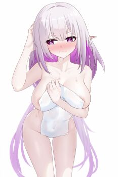 1girl absurdres areola_slip blush breasts bright_pupils castorice_(honkai:_star_rail) closed_mouth colored_inner_hair commentary_request covered_erect_nipples covered_navel covering_privates cowboy_shot embarrassed hair_between_eyes hand_in_own_hair hand_up highres holding holding_towel honkai:_star_rail honkai_(series) large_breasts leaning_forward long_hair looking_at_viewer low_twintails multicolored_hair nose_blush nude_cover pointy_ears purple_eyes purple_hair simple_background solo towel twintails very_long_hair wavy_mouth wet white_background white_pupils zerotwenty_(020)