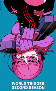 Rule 34 | 1girl, ankuru, artist name, blue background, breasts, commentary, copyright name, dual wielding, elbow gloves, english text, gloves, gun, handgun, headphones, highres, holding, holding gun, holding weapon, jacket, katori squad's uniform, katori youko, looking at viewer, medium breasts, medium hair, purple gloves, purple jacket, red hair, short jumpsuit, short sleeves, solo, upside-down, weapon, world trigger, yellow eyes