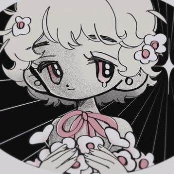 1girl bad_id bad_twitter_id black_background bouquet closed_mouth fingernails flower fuminooco greyscale hair_flower hair_ornament hands_up holding holding_bouquet holding_flower image_sample looking_at_viewer lowres monochrome neck_ribbon original pink_eyes pink_ribbon ribbon short_hair single_tear smile solo spot_color twitter_sample upper_body