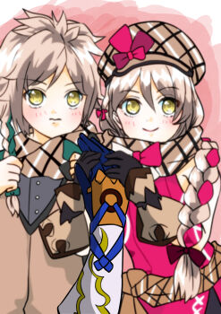 1boy 1girl 1other absurdres blonde_hair braid brown_scarf clanne_(fire_emblem) female_alear_(fire_emblem) fire_emblem fire_emblem_engage framme_(fire_emblem) green_hair hat highres long_hair looking_at_viewer male_alear_(fire_emblem) momojikutteyaru multicolored_hair nintendo pink_hair plaid_clothes plaid_hat plaid_scarf pov scarf single_braid two-tone_hair yellow_eyes