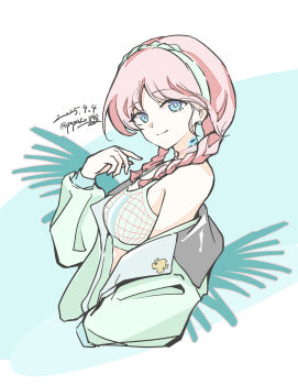 absurdres arknights bare_shoulders blue_eyes blue_poison_(arknights) blue_poison_(shoal_beat)_(arknights) bright_pupils camisole closed_mouth commentary_request cropped_torso dated earrings green_hairband green_jacket hair_over_shoulder hairband hand_up highres jacket jewelry looking_at_viewer medium_hair off_shoulder official_alternate_costume partial_commentary pepazo398 pink_hair smile split_mouth twitter_username white_pupils
