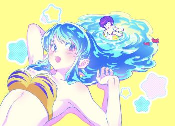 Rule 34 | 1boy, 1girl, animal print, bikini, blue eyes, blue hair, breasts, cone horns, crab, fang, horns, innertube, liquid hair, long hair, lum, lying, mini person, moroboshi ataru, on back, open mouth, pointy ears, print bikini, short hair, sidelocks, star (symbol), swim ring, swimsuit, tiger print, urusei yatsura, wara no taba