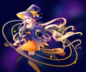 1girl 1maokitty bat_wings bead_choker beads black_shirt black_shoes black_wings bow bowtie breasts broom broom_riding bubble_skirt chinese_commentary cleavage commentary_request curly_hair dated eyelashes floating_hair foot_out_of_frame frilled_shirt_collar frilled_sleeves frills gradient_clothes gradient_jacket gradient_thighhighs halloween halloween_fantasy_(miracle_nikki) happy hat hat_bow high_heels highres holding holding_lantern jack-o&#039;-lantern_hat_ornament jacket juliet_sleeves knee_up lantern light_blush long_hair long_sleeves low_wings miniskirt miracle_nikki mismatched_thighhighs multicolored_jacket nikki_(series) open_clothes open_jacket open_mouth orange_bow orange_bowtie orange_hat orange_jacket orange_skirt orange_theme partial_commentary pink_eyes pink_hair planetary_ring puffy_sleeves purple_hat purple_jacket purple_thighhighs shirt shoes sidelocks signature skirt smile solo space star_(sky) star_(symbol) stiletto_heels striped_bow striped_clothes striped_thighhighs swept_bangs tareme teeth thighhighs two-sided_fabric two-sided_headwear two-tone_jacket two-tone_thighhighs upper_teeth_only vertical-striped_clothes vertical-striped_thighhighs very_long_hair wings witch witch_hat