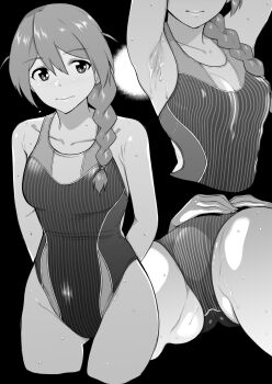 Rule 34 | 1girl, 3:, absurdres, armpits, baba konomi, braid, breasts, commentary request, competition swimsuit, cowboy shot, greyscale, hair over shoulder, highleg, highleg one-piece swimsuit, highres, idolmaster, idolmaster million live!, kirihara you, large breasts, medium breasts, monochrome, multiple views, one-piece swimsuit, simple background, single braid, striped clothes, striped one-piece swimsuit, swimsuit