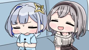 2girls :d ^_^ amane_kanata blue_hair blue_shirt blue_wings blush_stickers breasts brown_hairband chibi cleavage closed_eyes closed_mouth clothes_writing couch grey_hair grey_sweater hairband highres hololive medium_breasts mochimiko multicolored_hair multiple_girls off-shoulder_sweater off_shoulder on_couch open_mouth ribbed_sweater shirogane_noel shirogane_noel_(casual) shirt short_sleeves single_hair_intake sitting smile sweater two-tone_hair virtual_youtuber white_wings wings yurie_mouth