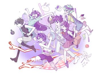 2girls 4boys antenna_hair arms_up aubrey_(headspace)_(omori) aubrey_(omori) ball barefoot baseball_bat basil_(headspace)_(omori) basil_(omori) basket black_hair black_shoes black_socks black_tank_top blue_overalls blue_pajamas blue_pants blue_shirt blush bow brother_and_sister brothers camera checkered_blanket checkered_clothes closed_eyes closed_mouth collared_pajamas collared_shirt colored_skin commentary english_commentary expressionless flower forest_bunny_(omori) fried_egg frying_pan green_eyes green_hair green_shirt grin hair_bow head_wreath hero_(headspace)_(omori) hero_(omori) highres holding holding_ball holding_basket holding_frying_pan holding_knife holding_picnic_basket jump_rope kel_(headspace)_(omori) kel_(omori) kneehighs knife long_hair long_shirt mari_(headspace)_(omori) mari_(omori) mr._plantegg_(omori) multicolored_pajamas multicolored_pants multiple_boys multiple_girls neckerchief omori omori_(omori) open_mouth overall_shorts overalls pajamas pants parted_lips photo_(object) picnic_basket pink_bow pinwheel pleated_skirt purple_eyes purple_hair purple_shorts purple_sweater_vest pyoppyop_omori red_neckerchief red_skirt shirt shoes short_hair short_sleeves shorts siblings sidelocks skirt smile socks spatula striped_clothes striped_pajamas striped_pants striped_shorts stuffed_eggplant stuffed_toy sweater_vest t-shirt tank_top teeth two-tone_pajamas two-tone_pants vertical-striped_clothes vertical-striped_pajamas vertical-striped_pants vertical-striped_shorts white_pajamas white_pants white_shirt white_shorts white_skin