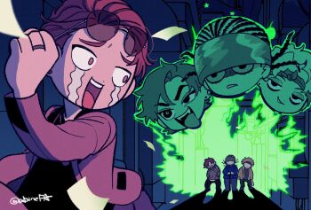 4boys abinofa alley aura bandana bandana_around_neck black_pants black_shirt blue_hoodie brown_shirt cane commentary_request contrast_lapels cornrows crying crying_with_eyes_open curtained_hair deformed doan_kazusato earrings eyewear_on_head falling_paper fangs film_grain fleeing green_aura green_outline grin hair_slicked_back hand_up hands_in_pockets highres holding holding_cane hood hoodie hoop_earrings hypnosis_mic hypnosis_mic:_rule_the_stage jacket jewelry jitome kokuri_ryozan lapels looking_at_another looking_back male_focus medium_hair menacing mismatched_eyebrows multiple_boys necklace nervous_smile north_bastard oogimachi_suguri open_clothes open_jacket open_mouth outdoors outline pants pinstripe_pants pinstripe_pattern projected_inset raised_inner_eyebrows red_hair ring saragi_kenei scared scowl shadow shirt short_hair smile smirk standing streaming_tears stud_earrings suit_jacket sunglasses tears teeth thick_eyebrows tongue tongue_out twitter_username uneven_eyes upper_teeth_only v-shaped_eyebrows very_short_hair wide-eyed yellow_jacket