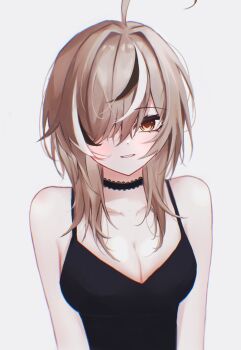 Rule 34 | 1girl, absurdres, ahoge, bare shoulders, black camisole, black choker, black hair, breasts, brown eyes, brown hair, camisole, choker, cleavage, commentary, grin, hair over one eye, highres, hololive, hololive english, huge ahoge, lace-trimmed choker, lace trim, long hair, looking at viewer, medium breasts, multicolored hair, nanashi mumei, parted lips, saltdcrmell, simple background, smile, solo, streaked hair, untranslatable commentary, virtual youtuber, white background, white hair