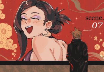 1boy 1girl alternate_hairstyle artist_name back backless_dress backless_outfit bare_shoulders billboard black_coat black_hair blonde_hair blush breasts closed_eyes cloud_strife cloud_strife_(urban_wolf) coat commentary cowboy_shot crescent crescent_earrings crescent_moon dissidia_duellum_final_fantasy dissidia_final_fantasy dress earrings english_commentary eyeshadow facing_to_the_side final_fantasy final_fantasy_vii final_fantasy_vii_remake flower from_behind from_side gold_earrings hair_up hands_in_pockets highres jewelry large_breasts long_hair looking_at_another makeup meme moon official_alternate_costume open_mouth poster_(object) purple_dress purple_eyeshadow short_hair single_sidelock sparkle spiked_hair strawderryst teeth tifa_lockhart tifa_lockhart_(refined_dress) upper_body upper_teeth_only veil_(manga) veil_scene_14_redraw_(meme) yellow_flower