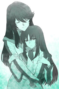 Rule 34 | 2girls, absurdres, ascot, closed eyes, closed mouth, commentary request, hands on another's arms, highres, hug, hug from behind, jackets, long hair, long sleeves, minashiro orihime, monochrome, multiple girls, smile, soukyuu no fafner, tatekami seri, upper body, yuri kyanon