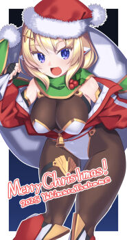 1girl 2025 artist_name black_bodystocking blonde_hair blue_eyes bodystocking breasts cleavage commentary_request feet_out_of_frame fur-trimmed_headwear fur_trim hat highres impossible_bodystocking jacket large_breasts leotard looking_at_viewer merry_christmas open_mouth original red_hat red_jacket sack santa_hat short_hair sleeveless_bodystocking solo white_leotard yukimura_tsubame