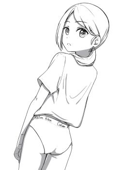 Rule 34 | 1girl, absurdres, ass, commentary request, cowboy shot, dot nose, dutch angle, from behind, greyscale, highres, long single sidelock, looking at viewer, looking back, monochrome, negimiso1989, open mouth, original, panties, ponytail, shirt, short hair, simple background, single sidelock, solo, standing, thighs, underwear, white background