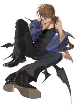 Rule 34 | 1boy, arm support, atie1225, bare shoulders, bat wings, black boots, black pants, black tank top, blue eyes, blue jacket, boots, braid, brown hair, chinese commentary, closed mouth, collared jacket, commentary request, duo maxwell, gundam, gundam wing, hand on own face, high heel boots, high heels, highres, jacket, jacket partially removed, knee up, long braid, long hair, looking to the side, male focus, pants, sideways glance, simple background, single braid, sitting, solo, tank top, very long hair, white background, wings