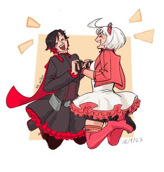 >_< 2girls antenna_hair belt bike_shorts black_belt black_dress black_gloves black_hair black_pantyhose black_shorts boots bracelet cape closed_eyes commentary crossover dated dress elphelt_valentine english_commentary fingerless_gloves frilled_dress frills full_body gloves gradient_hair guilty_gear hairband highres holding_hands jacket jewelry jumping multicolored_hair multiple_girls open_mouth pantyhose pink_boots pink_dress pink_hairband pink_jacket red_cape red_hair ruby_rose rwby shorts signature spiked_bracelet spiked_hairband spikes teeth thigh_boots two-tone_dress two-tone_hair upper_teeth_only vixscribs white_dress white_hair