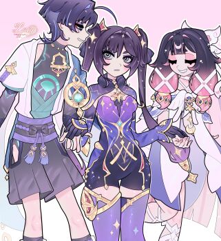 1boy 2girls absurdres ahoge aqua_kimono aqua_sleeves armor arms_at_sides artist_name asymmetrical_bangs belt black_belt black_bodysuit black_bow black_choker black_gloves black_hair black_leotard black_shorts blue_cape blunt_bangs blunt_ends blush body_markings bodysuit bow bridal_gauntlets bright_pupils brooch cape capelet center-flap_bangs choker clothing_cutout colored_inner_hair columbina_(genshin_impact) covered_collarbone crescent_ornament cross-shaped_pupils curtained_hair detached_sleeves dress elbow_gloves eyeliner eyeshadow facing_another fur-trimmed_cape fur_trim genshin_impact gloves glowing_markings gold_thighlet gold_trim grey_bridal_gauntlets grey_eyes grey_eyeshadow grin hair_bow hair_intakes hair_ornament hair_ribbon hakama hakama_shorts half-closed_eyes hands_on_another's_hand heart height_difference highres hip_vent huge_ahoge japanese_armor japanese_clothes jewelry juban kimono kote kurokote lacycoffinn layered_sleeves leotard long_hair looking_at_another makeup mona_(genshin_impact) mona_(pact_of_stars_and_moon)_(genshin_impact) multicolored_hair multiple_girls open_clothes open_hands open_kimono outline pink_background pink_eyeshadow pink_hair pink_lips pink_nails pleated_shorts purple_capelet purple_hair purple_leotard purple_rope purple_sash purple_sleeves purple_thighhighs red_eyeliner ribbon rope sash scaramouche_(genshin_impact) short_sleeves shorts shoulder_peek side_cape sidelocks sideways_glance sideways_mouth smile star_(symbol) star_brooch star_choker star_hair_ornament swept_bangs symbol-shaped_pupils tassel thighhighs thighlet tress_ribbon tsurime turtleneck turtleneck_bodysuit twintails very_long_hair wanderer_(genshin_impact) white_dress white_kimono white_outline white_pupils white_ribbon white_sleeves white_trim wing_hair_ornament