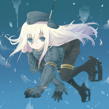 Rule 34 | 1girl, blonde hair, blue eyes, bodysuit, commentary request, cropped jacket, diving suit, fudeyama (fudeco), garrison cap, hair between eyes, hat, kantai collection, long hair, looking at viewer, solo, u-511 (kancolle), underwater, very long hair, wetsuit