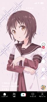1girl absurdres black_hair black_sailor_collar brown_eyes clenched_hand dress fake_phone_screenshot fake_screenshot funami_yui hand_on_own_arm highres kawaikute_gomen_(honeyworks) layered_sleeves long_sleeves looking_at_viewer mearian namori_(character) nanamori_school_uniform parted_lips pink_background pleated_dress red_dress sailor_collar school_uniform shirt short_hair short_over_long_sleeves short_sleeves solo sparkle sparkle_background tiktok upper_body white_shirt yuruyuri