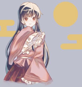 Rule 34 | 1girl, carin (c arin1012), closed mouth, commentary request, cowboy shot, egasumi, frilled sleeves, frills, highres, houraisan kaguya, long hair, long sleeves, looking at viewer, pink shirt, red skirt, shirt, skirt, sleeves past fingers, sleeves past wrists, smile, solo, touhou, very long hair, wide sleeves