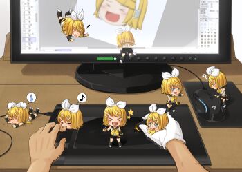 ! >_< 6+girls artist_self-insert biting black_shorts black_sleeves blonde_hair blue_eyes blush bow chibi commentary_request detached_sleeves drawing_tablet falling biting_finger fourth_wall full_body gloves hair_bow hair_ornament hairclip highres kagamine_rin kitsunerider leg_warmers looking_afar looking_at_viewer looking_to_the_side mini_person minigirl monitor computer_mouse multiple_girls musical_note open_mouth painttool_sai pen pov pov_hands sailor_collar shirt short_hair shorts single_glove sleeveless sleeveless_shirt smile spoken_exclamation_mark spoken_musical_note spoken_sweatdrop sweatdrop swept_bangs through_medium through_screen vocaloid white_bow white_gloves white_shirt yukkuri_shiteitte_ne