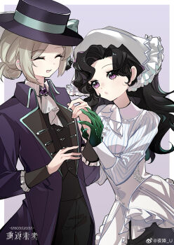 2girls :o ^_^ anjo_nala artist_request ascot black_coat black_hair black_hat black_pants black_vest blue_bow boater_hat border bow closed_eyes coat coif commission corset facing_another gloves green_gloves grey_hair hair_bun hands_up hat hat_bow highres holding_another's_wrist long_hair looking_at_another multiple_girls neckerchief open_mouth outside_border pants pinstripe_pattern pinstripe_shirt purple_background purple_eyes reverse:1999 second-party_source shirt single_side_bun striped_clothes striped_shirt vertical-striped_clothes vertical-striped_shirt vertin_(reverse:1999) vest waistcoat watermark weibo_watermark white_ascot white_border white_corset white_hat white_neckerchief white_shirt yuri