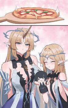 2girls absurdres bare_shoulders black_collar black_dress blue_eyes blush breasts cartethyia_(wuthering_waves) closed_eyes collar commentary crown_of_thorns dress dual_persona ear_wiggle earrings english_commentary female_rover_(wuthering_waves) fleurdelys_(wuthering_waves) floating_earrings food hand_puppet highres horns jewelry large_breasts long_horns margherita_pizza multiple_girls necklace out_of_character parted_lips pink_background pizza pointy_ears puppet rover_(wuthering_waves) sidelocks single_horn small_breasts smile tabard tacet_mark_(wuthering_waves) wesly2300 white_tabard wuthering_waves yellow_horns