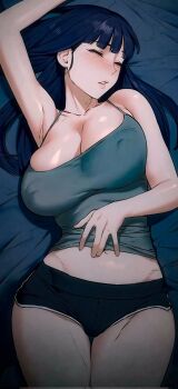 Rule 34 | 1girl, arm up, armpits, bed, black hair, black shirt, blue eyes, breasts, closed eyes, covered erect nipples, dolphin shorts, grey shirt, highres, large breasts, long hair, lying, nipples visible through shirt, on back, open mouth, seong yoona, shirt, short shorts, shorts, sleeping, tank top, thighs, very long hair