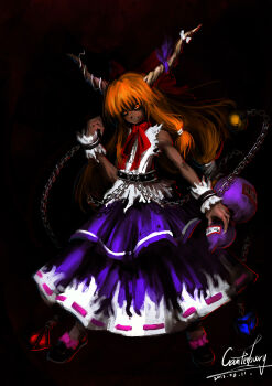 Rule 34 | 1girl, absurdres, belt, black background, black belt, black sclera, bow, brown horns, canterbury (6739793), chain, chinese commentary, colored sclera, commentary request, cube, dark-skinned female, dark skin, dated, fingernails, footwear bow, frilled cuffs, full body, gourd, grin, hair bow, highres, holding, horn ornament, horn ribbon, horns, ibuki suika, long hair, looking at viewer, low-tied long hair, neckerchief, orange eyes, orange hair, orb, pink bow, purple ribbon, purple skirt, pyramid (geometry), red bow, red neckerchief, ribbon, sharp fingernails, shirt, signature, simple background, skirt, smile, solo, torn clothes, torn sleeves, touhou, white shirt, wrist cuffs