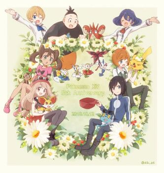 Rule 34 | 3girls, 4boys, anniversary, bad id, bad twitter id, black hair, black shirt, black thighhighs, blonde hair, blue eyes, blue jacket, blue neckerchief, blush stickers, brown hair, calem (pokemon), chespin, corphish, dated, dexio (pokemon), eyewear on head, fennekin, floette, floette (blue flower), floette (eternal), floette (red flower), floette (white flower), flower, froakie, gen 1 pokemon, gen 3 pokemon, gen 6 pokemon, hat, holding, holding unworn clothes, holding unworn hat, jacket, multiple boys, multiple girls, neckerchief, nintendo, one eye closed, open mouth, orange hair, pikachu, pokemon, pokemon (creature), pokemon xy, red hat, red neckerchief, serena (pokemon), shauna (pokemon), shirt, sina (pokemon), sunglasses, thighhighs, tierno (pokemon), trevor (pokemon), twitter username, unworn hat, unworn headwear, yairo (sik s4)