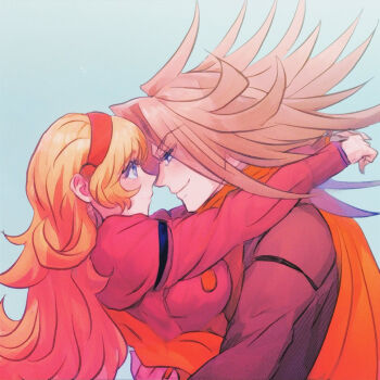 Rule 34 | 1girl, blonde hair, blue eyes, coat, cyborg, cyborg 009, eye contact, francoise arnoul, hairband, hands on another's hips, hands on another's shoulders, hug, jet link, light blush, long hair, looking at another, orange hair, red coat, red hairband, sariokisu, scarf, soldier, spiked hair, yellow scarf