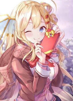 Rule 34 | 1girl, absurdres, battle spirits, blonde hair, blue eyes, blush, bow, bowtie, brown jacket, brown scarf, commentary request, gift, hair ornament, hair rings, haundo b, head wings, highres, holding, holding gift, jacket, long hair, looking at viewer, one eye closed, open clothes, open jacket, pink sweater vest, red bow, red bowtie, rei ooba, scarf, shirt, smile, solo, sweater vest, upper body, valentine, white shirt, wings
