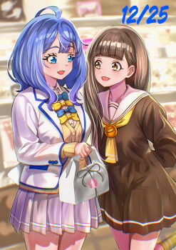 2girls ahoge arm_behind_back black_dress blazer blue_bow blue_bowtie blue_eyes blue_hair blurry blurry_background bow bowtie brown_eyes brown_hair cardigan christmas commentary_request cowboy_shot dress grey_skirt highres holding jacket kousan long_hair make_heroine_ga_oo_sugiru! medium_hair multiple_girls neckerchief nukumizu_kaju open_clothes open_jacket open_mouth pleated_dress pleated_skirt sailor_collar sailor_dress school_uniform skirt smile socks tsuwabuki_high_school_uniform white_jacket white_sailor_collar winter_uniform yanami_anna yellow_bow yellow_bowtie yellow_cardigan yellow_neckerchief yellow_socks