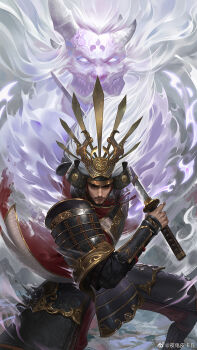 2boys armor asymmetrical_horns black_boots black_hair black_helmet black_kimono black_pants boots character_request closed_mouth colored_skin dou facial_hair facial_mark feet_out_of_frame fighting_stance fire forehead_mark furrowed_brow helmet highres holding holding_sword holding_weapon horns japanese_armor japanese_clothes kabuto_(helmet) katana kimono knee_boots kote kusazuri lips long_sleeves looking_at_viewer male_focus multiple_boys mustache no_pupils oni open_mouth pants purple_fire purple_skin realistic samurai sharp_teeth short_hair short_kimono shoulder_armor sode sword takeda_nobutada teeth thick_eyebrows watermark weapon weibo_watermark white_horns ye_dian_pikaqiu yong_jie_wujian