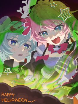 2girls :d absurdres black_dress blue_eyes blue_hair bow cauldron commentary dress duoyun_de_tiankong english_commentary fang gloves happy_halloween highres holding honkai_(series) honkai_impact_3rd liliya_olenyeva long_hair multiple_girls object_through_head open_mouth pink_bow pink_hair puffy_short_sleeves puffy_sleeves pun rozaliya_olenyeva screw_in_head sharp_teeth short_eyebrows short_sleeves siblings sisters skull smile star_(symbol) teeth thick_eyebrows upper_body v-shaped_eyebrows white_gloves