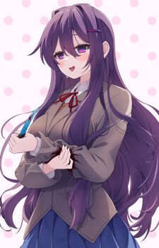1girl bleeding blood bloody_weapon blush breasts commentary_request doki_doki_literature_club doki_doki_literature_club_school_uniform hair_intakes hair_ornament hairclip highres holding holding_knife holding_own_arm implied_self-harm knife large_breasts long_hair long_sleeves matchamassa neck_ribbon open_mouth pleated_skirt polka_dot polka_dot_background purple_eyes purple_hair ribbon school_uniform skirt smile solo sweat tongue tongue_out very_long_hair weapon yuri_(doki_doki_literature_club)