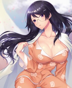 1girl animal_print bad_id bad_twitter_id bakemonogatari black_hair breasts cat_print cleavage collarbone glasses gomi_(hakumaiteacher) hair_ornament hairclip hanekawa_tsubasa highres large_breasts long_hair looking_at_viewer monogatari_(series) orange_pajamas pajamas parted_lips print_pajamas purple_eyes solo