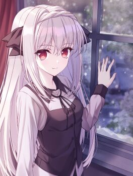 1girl backlighting black_bow black_ribbon black_vest blush bow braid breasts closed_mouth collared_shirt commentary_request crown_braid cuckoo_ki grey_hair hair_between_eyes hair_bow hair_intakes hand_up highres indoors long_hair long_sleeves looking_at_viewer neck_ribbon night red_eyes ribbon sakurakouji_luna shirt short_hair sidelocks small_breasts smile snowing solo tsuki_ni_yorisou_otome_no_sahou upper_body very_long_hair vest white_shirt window winter