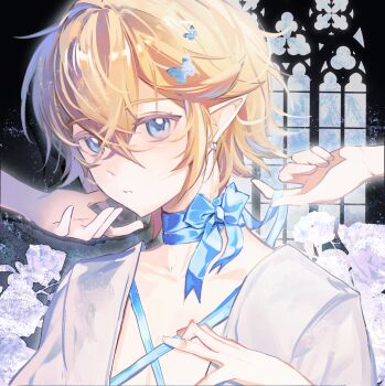 Rule 34 | 1boy, absurdres, alternate costume, androgynous, aotu world, bishounen, blonde hair, blue eyes, blue ribbon, blush, butterfly hair ornament, chinese commentary, choker, collarbone, disembodied hand, earrings, flower, hair between eyes, hair ornament, hairclip, hand on another's chin, highres, holding, holding ribbon, hongyeshiliu, indoors, jewelry, king (aotu world), looking at viewer, male focus, pale skin, pectoral cleavage, pectorals, plutoray, pointy ears, ribbon, ribbon choker, shirt, short hair, solo focus, trap, upper body, white flower, white shirt, window