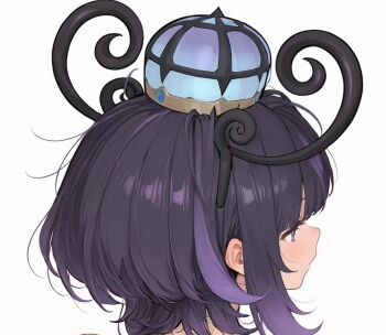 1girl black_hair closed_mouth from_above gradient_hair gwynn_(pokemon) hat messy_hair multicolored_hair nintendo pokemon pokemon_legends:_z-a portrait purple_eyes purple_hair rika_illust short_hair simple_background solo white_background