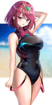 1girl absurdres arm_up bad_id bad_twitter_id bare_arms bare_shoulders black_leotard blush breasts competition_swimsuit covered_navel hanasaka_houcha highleg highleg_one-piece_swimsuit highres large_breasts leotard looking_at_viewer one-piece_swimsuit parted_lips pyra_(pro_swimmer)_(xenoblade) pyra_(xenoblade) red_eyes red_hair short_hair smile solo swimsuit thighs xenoblade_chronicles_(series) xenoblade_chronicles_2