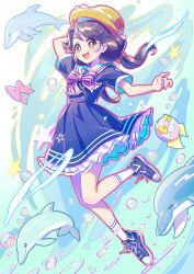 1girl absurdres air_bubble arm_behind_head blue_dress blue_shoes bow bowtie bright_pupils brown_eyes brown_hat bubble commentary dolphin dress frilled_dress frills full_body hair_bow hat highres leg_up long_hair looking_at_viewer low_twintails medium_dress open_mouth pink_bow pouch precure purple_bow purple_bowtie purple_hair rice_rabbit22 sailor_collar sailor_dress shoes short_sleeves smile sneakers socks solo star_(symbol) straw_hat suzumura_sango tropical-rouge!_precure twintails underwater white_pupils white_sailor_collar white_socks