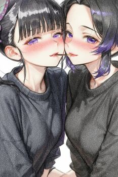 2girls ai-chan_(animelovely930) black_hair black_sweater blunt_bangs blush breasts butterfly_hair_ornament food hair_ornament highres kimetsu_no_yaiba kochou_shinobu large_breasts long_sleeves looking_at_viewer multicolored_hair multiple_girls pink_eyes pocky pocky_kiss purple_hair shared_food smile sweater teeth tsuyuri_kanao two-tone_hair white_background