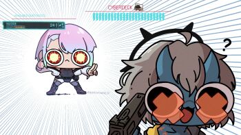 1boy 1girl :&lt; :3 black_halo blue_horns blue_skin chibi chibi_only colored_skin cyberpunk:_edgerunners cyberpunk_(series) dark_halo gameplay_mechanics guilty_gear guilty_gear_strive gun halo happy_chaos highres holding holding_gun holding_weapon horns lucy_(cyberpunk) mind_control miyan_(oceanmaiden) orange-tinted_eyewear pointing pointing_at_another pun ramlethal_valentine spiked_halo tinted_eyewear weapon x-shaped_eyewear