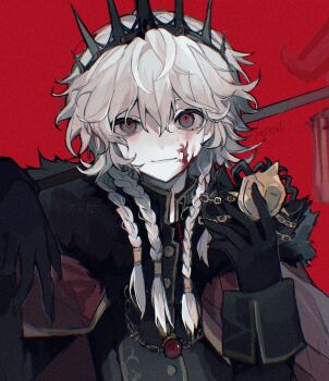 Rule 34 | 1boy, arm up, black gloves, black jacket, blood, blood on face, braid, cape, chain, chinese commentary, commentary request, crazy eyes, crown, gloves, gold chain, grey eyes, hair between eyes, headpiece, highres, holding, holding behind back, holding mask, holding polearm, holding polearm behind back, holding weapon, holding weapon behind back, identity v, ithaqua (identity v), jacket, jewelry, long hair, long sleeves, looking at viewer, low-tied long hair, male focus, mandarin collar, mask, mullet, multiple braids, necklace, polearm, red background, red pupils, side braids, signature, sleeve cuffs, solo, upper body, wavy hair, weapon, white hair, zao li (alilililioxo)