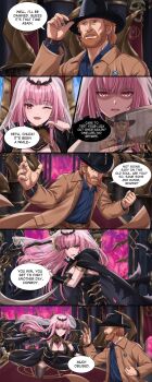 1boy 1girl absurdres black_dress brown_hair cape chuck_norris cowboy_hat detached_sleeves dress english_text facial_hair gardavwar hat highres holding holding_scythe hololive hololive_english long_hair long_sleeves mori_calliope mori_calliope_(1st_costume) open_mouth pink_eyes pink_hair red_eyes scythe spikes tiara veil virtual_youtuber weapon