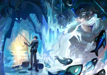 Rule 34 | 2boys, air bubble, animalization, black gloves, black hair, bubble, cave, coat, commentary, constricted pupils, covering another's mouth, curtained hair, empty eyes, english commentary, fish, fish request, fishing rod, full body, fur collar, gloves, grassjellyg00d, hair between eyes, highres, holding, holding fishing rod, horns, ice fishing, kim dokja, male focus, multiple boys, multiple views, omniscient reader's viewpoint, sea serpent, short hair, water, waterfall, winter clothes, winter coat, yoo joonghyuk