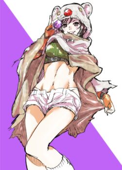 1girl brown_eyes cloak commentary_request cropped_sweater feet_out_of_frame final_fantasy final_fantasy_vii final_fantasy_vii_remake fingerless_gloves gloves green_sweater highres hood hooded_cloak looking_at_viewer materia midriff moogle navel open_fly orange_gloves parted_lips short_hair shorts smile solo sweater tamakoshi_hiroyuki torn_cloak torn_clothes yuffie_kisaragi